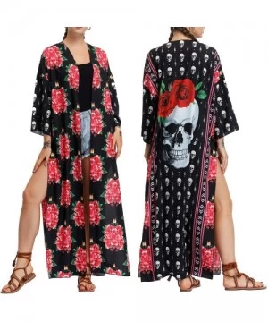 Cover-Ups Women's Boho Floral Long Kimono Cardigans Top Casual Loose Maxi Open Front Plus Size Beach Swimsuit Cover Up - Rose...