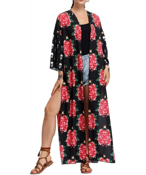 Cover-Ups Women's Boho Floral Long Kimono Cardigans Top Casual Loose Maxi Open Front Plus Size Beach Swimsuit Cover Up - Rose...