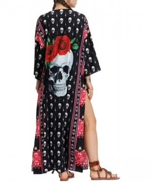 Cover-Ups Women's Boho Floral Long Kimono Cardigans Top Casual Loose Maxi Open Front Plus Size Beach Swimsuit Cover Up - Rose...