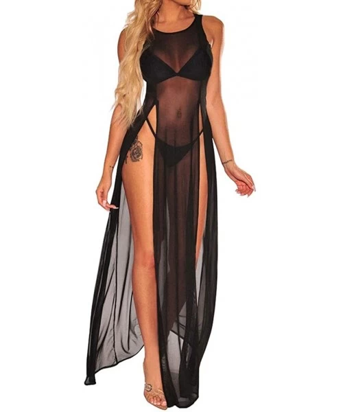 Cover-Ups Women Sheer Mesh See Through Sexy High Split Bikini Swimsuit Cover Up Beach Long Maxi Dress - Black - CR18TWQSEI0