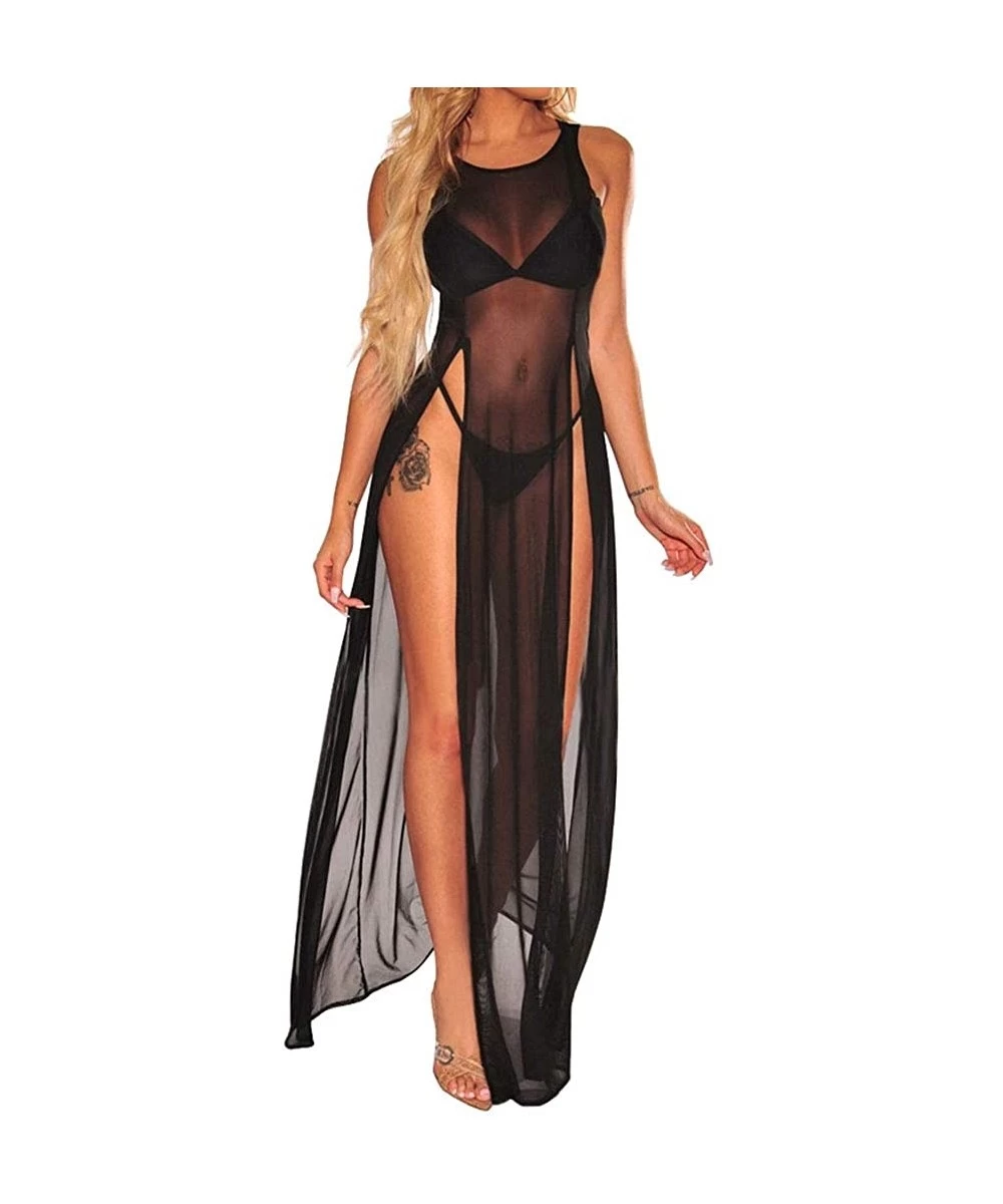 Cover-Ups Women Sheer Mesh See Through Sexy High Split Bikini Swimsuit Cover Up Beach Long Maxi Dress - Black - CR18TWQSEI0