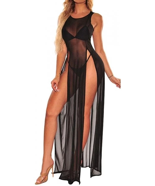 Cover-Ups Women Sheer Mesh See Through Sexy High Split Bikini Swimsuit Cover Up Beach Long Maxi Dress - Black - CR18TWQSEI0