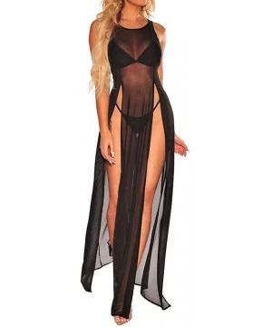 Cover-Ups Women Sheer Mesh See Through Sexy High Split Bikini Swimsuit Cover Up Beach Long Maxi Dress - Black - CR18TWQSEI0