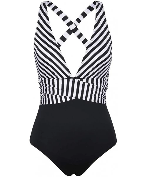 One-Pieces Women's One Piece Swimsuit Striped V Plunge Cross Back Monokini Bathing Suit - White Stripe - CV18S0ZY5HM