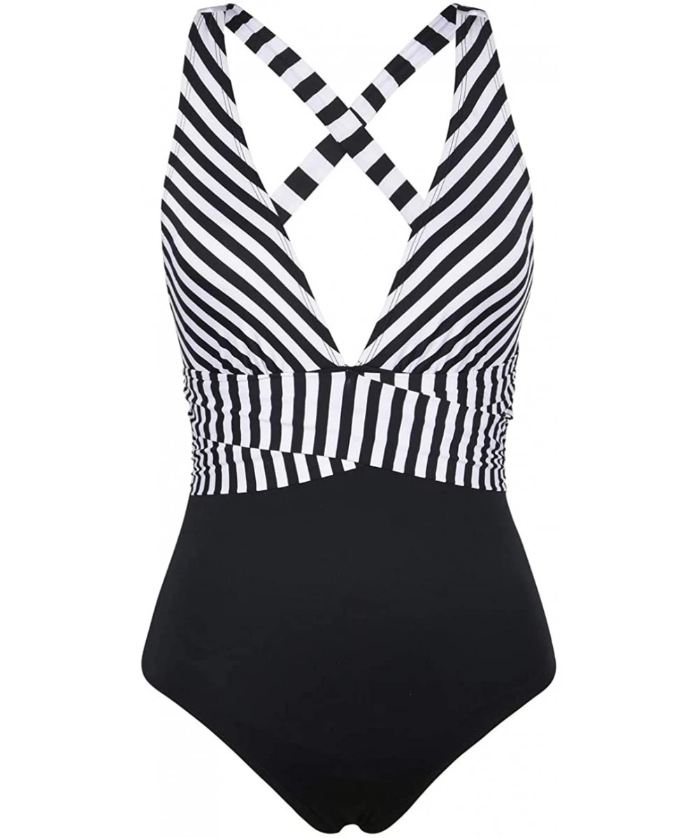 One-Pieces Women's One Piece Swimsuit Striped V Plunge Cross Back Monokini Bathing Suit - White Stripe - CV18S0ZY5HM