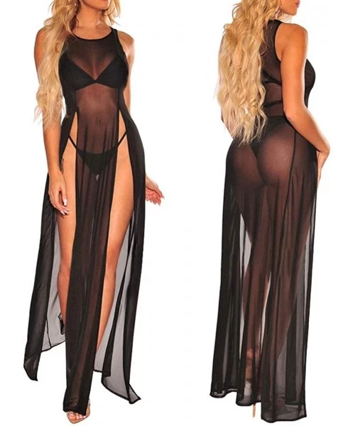 Cover-Ups Women Sheer Mesh See Through Sexy High Split Bikini Swimsuit Cover Up Beach Long Maxi Dress - Black - CR18TWQSEI0