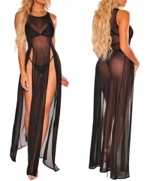 Cover-Ups Women Sheer Mesh See Through Sexy High Split Bikini Swimsuit Cover Up Beach Long Maxi Dress - Black - CR18TWQSEI0