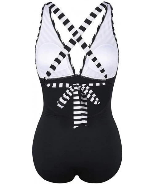 One-Pieces Women's One Piece Swimsuit Striped V Plunge Cross Back Monokini Bathing Suit - White Stripe - CV18S0ZY5HM