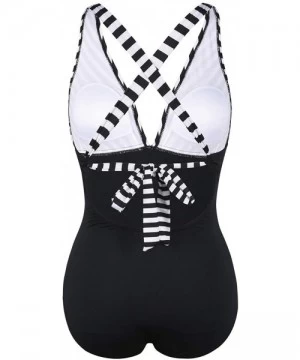 One-Pieces Women's One Piece Swimsuit Striped V Plunge Cross Back Monokini Bathing Suit - White Stripe - CV18S0ZY5HM