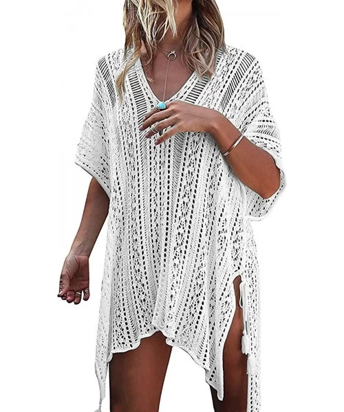 Cover-Ups Women Summer Crochet Cover up Beach Bikini Swimsuit Dress Bathing Suit - White - C7196EIH04R