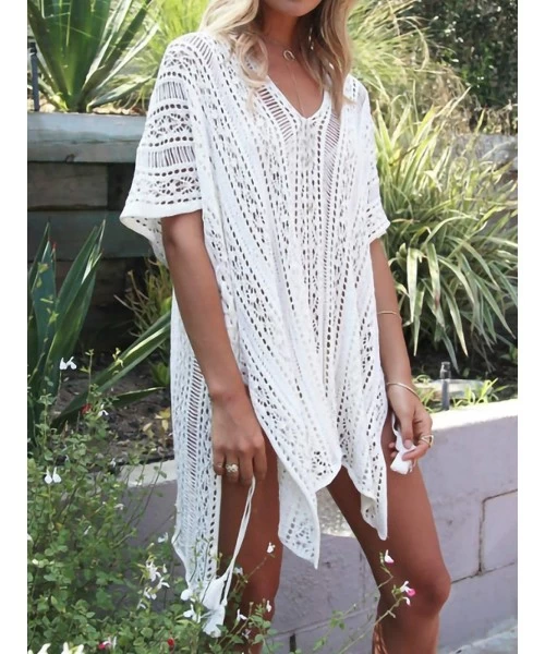 Cover-Ups Women Summer Crochet Cover up Beach Bikini Swimsuit Dress Bathing Suit - White - C7196EIH04R