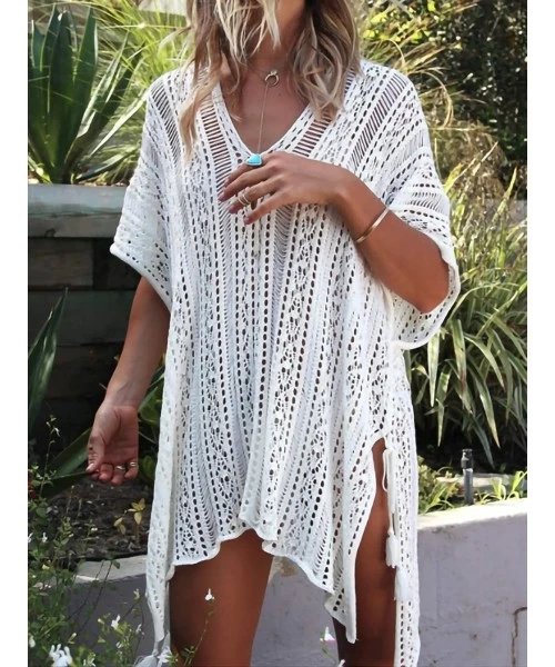 Cover-Ups Women Summer Crochet Cover up Beach Bikini Swimsuit Dress Bathing Suit - White - C7196EIH04R