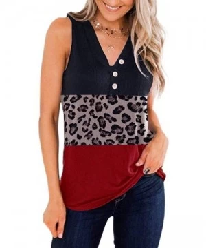 Rash Guards Fashion Womens Tunic Tops Tank V Neck Leopard Button Patchwork Ribbed Sleeveless Tunic Tees - Za-black - CL1973DZYN3