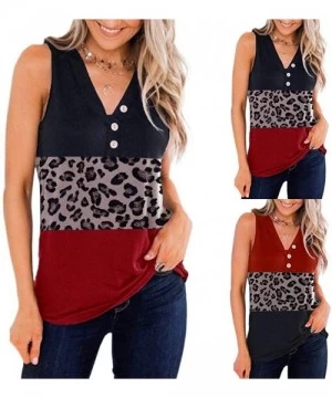 Rash Guards Fashion Womens Tunic Tops Tank V Neck Leopard Button Patchwork Ribbed Sleeveless Tunic Tees - Za-black - CL1973DZYN3