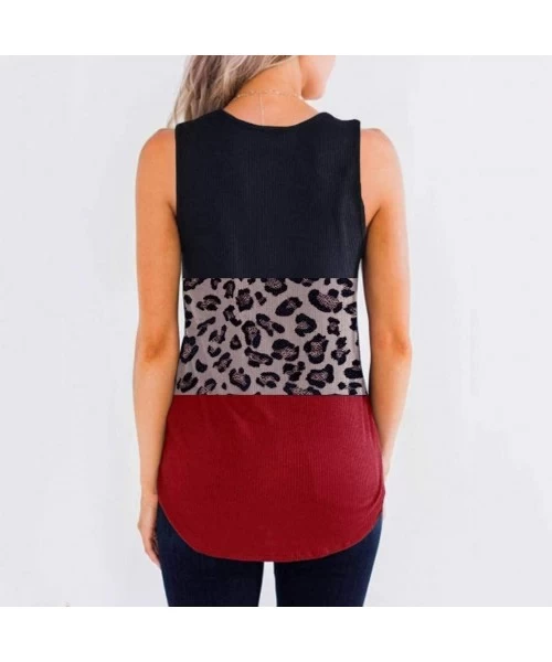 Rash Guards Fashion Womens Tunic Tops Tank V Neck Leopard Button Patchwork Ribbed Sleeveless Tunic Tees - Za-black - CL1973DZYN3