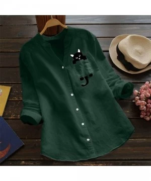 Racing Women Cotton Linen Casual Loose Button Down Shirt Cat Print Long Sleeve Basic Blouse Henley Tops Tunic Tees Green - C6...