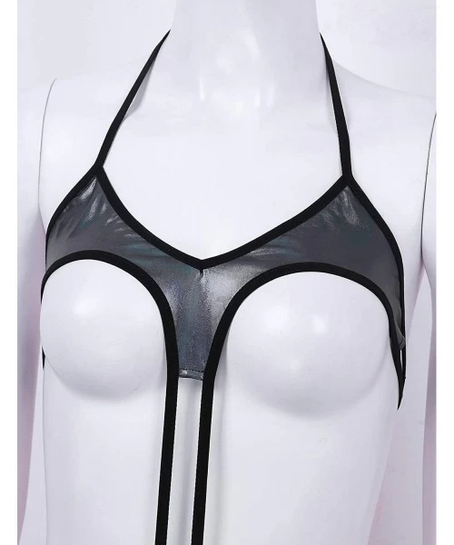 One-Pieces Womens One Piece Shiny Leather Lingerie Haltered Open Bust Slingshot Monokini Swimsuit - Black - CB19CIO8TYH