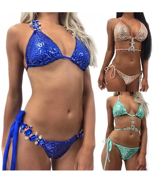 Sets Sexy Sequins Rhinestone Bra Briefs Bikini Set Women Summer Swimwear Bathing Suit - Pink S - Greens - C0198Y3E7XX