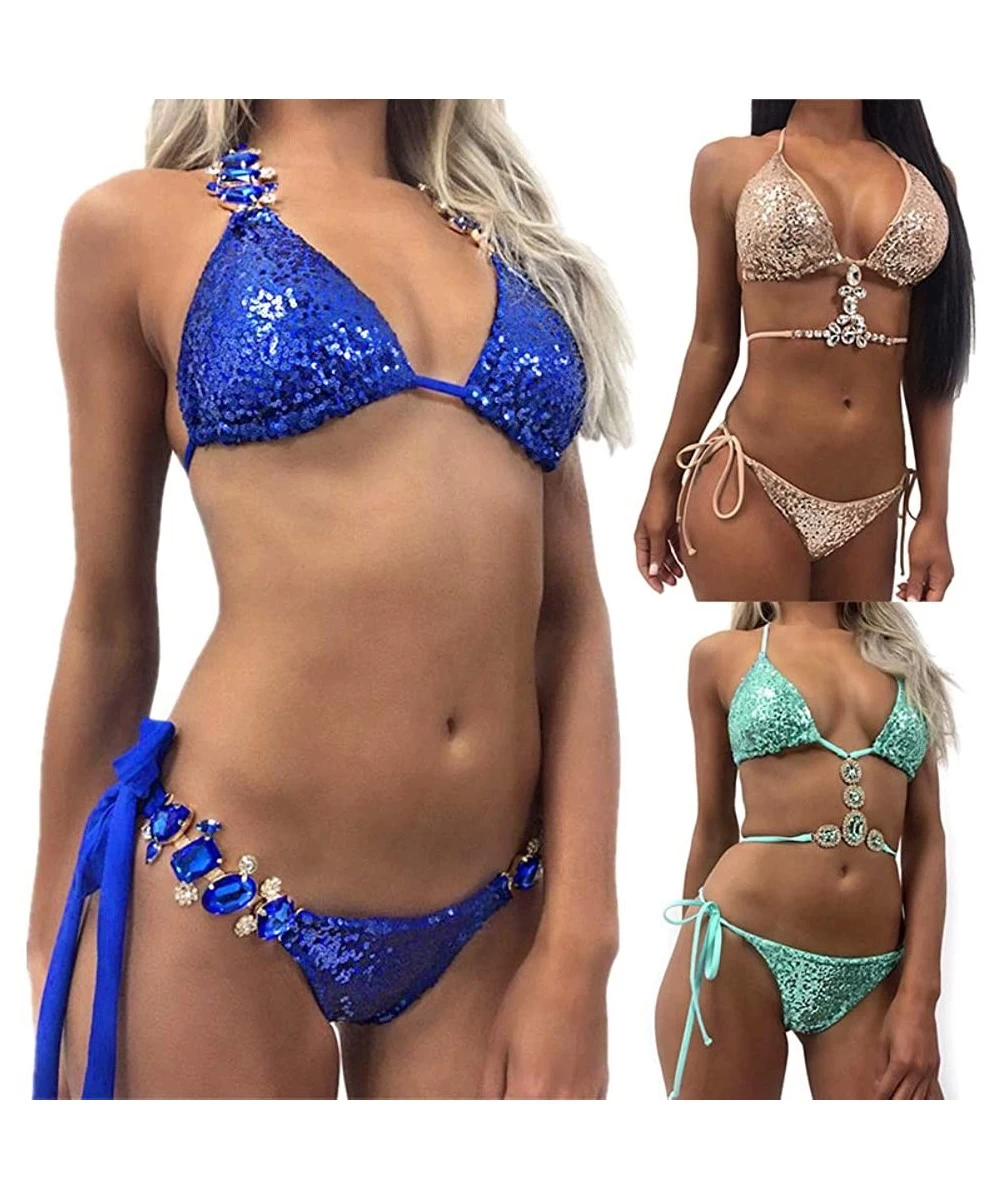 Sets Sexy Sequins Rhinestone Bra Briefs Bikini Set Women Summer Swimwear Bathing Suit - Pink S - Greens - C0198Y3E7XX