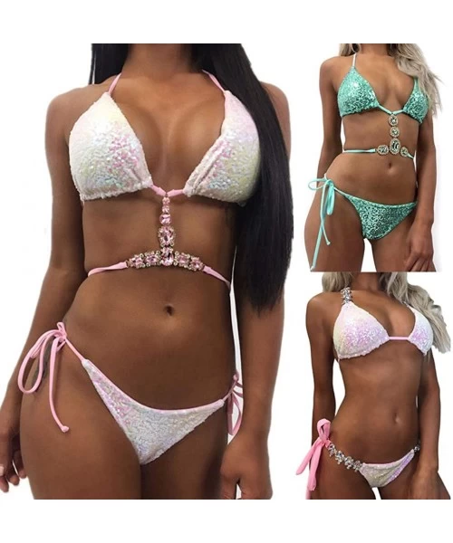 Sets Sexy Sequins Rhinestone Bra Briefs Bikini Set Women Summer Swimwear Bathing Suit - Pink S - Greens - C0198Y3E7XX