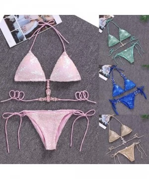 Sets Sexy Sequins Rhinestone Bra Briefs Bikini Set Women Summer Swimwear Bathing Suit - Pink S - Greens - C0198Y3E7XX