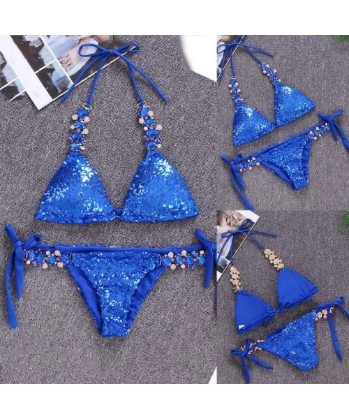 Sets Sexy Sequins Rhinestone Bra Briefs Bikini Set Women Summer Swimwear Bathing Suit - Pink S - Greens - C0198Y3E7XX