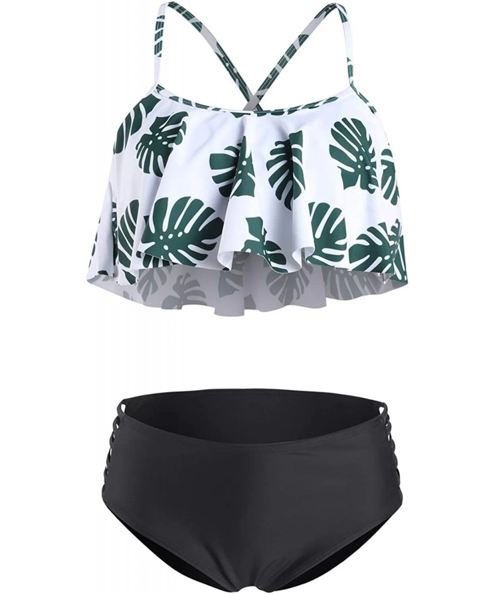 Sets Women's Ruffled Palm Leaf Print Flounce Bikini Top & High Waist Cutout Bottom 2 Piece Bikini Set Swimsuit - CM19CXO7056