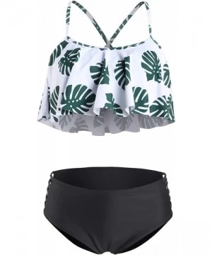 Sets Women's Ruffled Palm Leaf Print Flounce Bikini Top & High Waist Cutout Bottom 2 Piece Bikini Set Swimsuit - CM19CXO7056