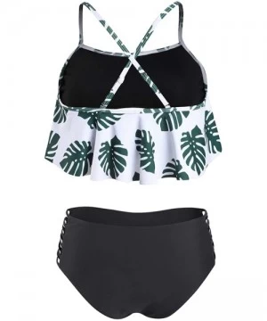 Sets Women's Ruffled Palm Leaf Print Flounce Bikini Top & High Waist Cutout Bottom 2 Piece Bikini Set Swimsuit - CM19CXO7056