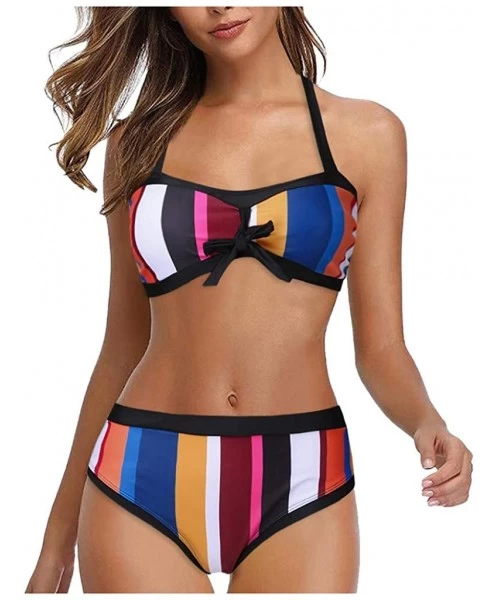 Sets Women Stripes Halter Push Up Twist Bandeau Bikini Set Two Piece Swimsuits - White - CP1966AEXYT