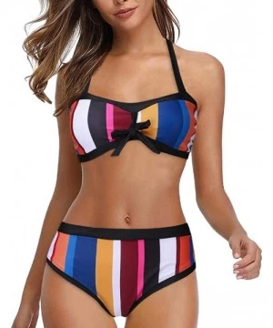 Sets Women Stripes Halter Push Up Twist Bandeau Bikini Set Two Piece Swimsuits - White - CP1966AEXYT