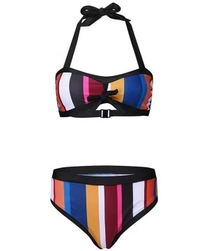 Sets Women Stripes Halter Push Up Twist Bandeau Bikini Set Two Piece Swimsuits - White - CP1966AEXYT