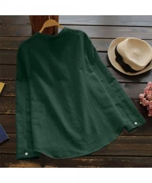 Racing Women Cotton Linen Casual Loose Button Down Shirt Cat Print Long Sleeve Basic Blouse Henley Tops Tunic Tees Green - C6...