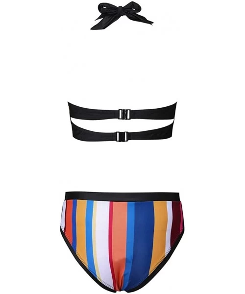 Sets Women Stripes Halter Push Up Twist Bandeau Bikini Set Two Piece Swimsuits - White - CP1966AEXYT