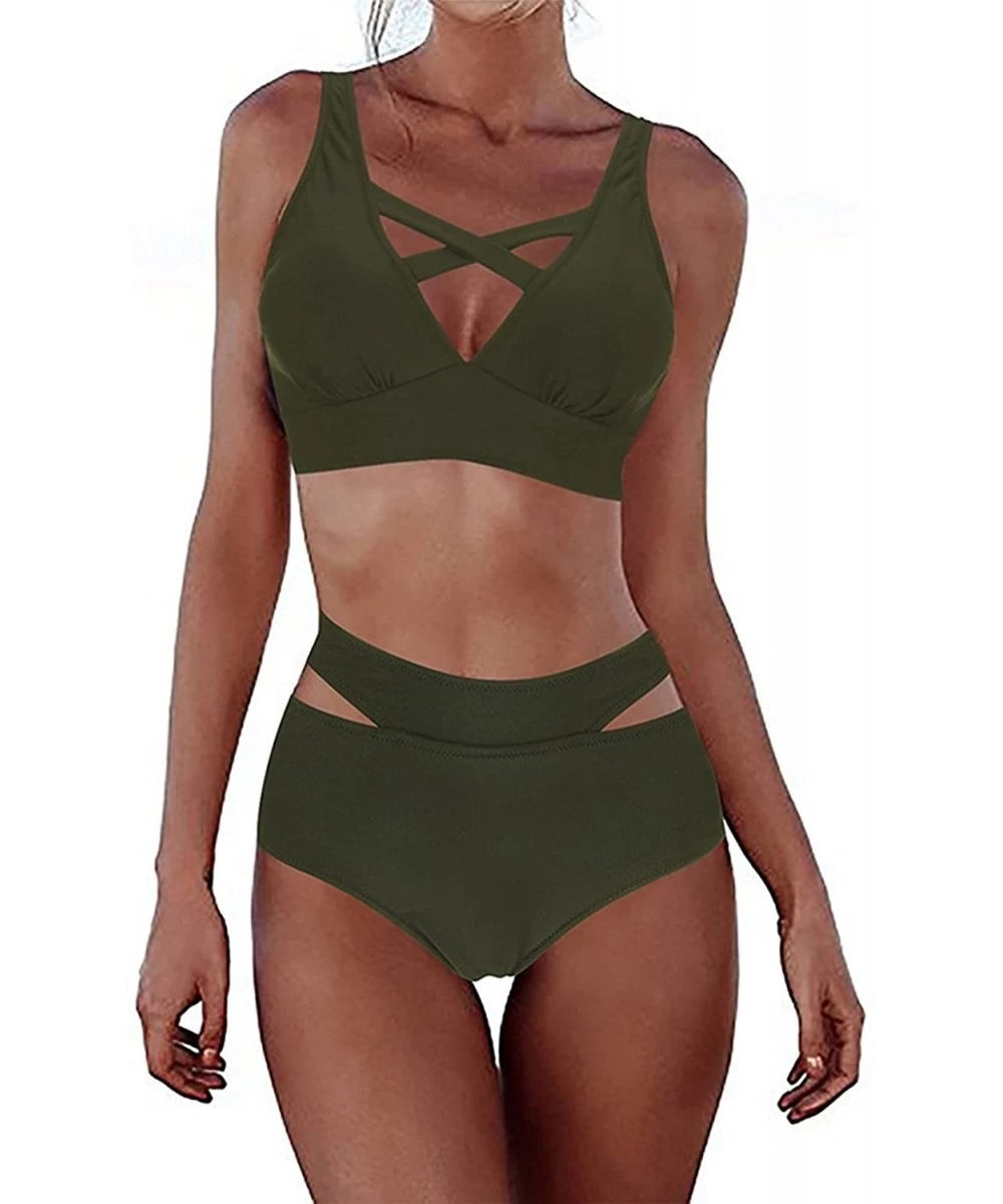 Sets Women's Sexy Criss Cross High Waist Bandage 2PCS Bikini Set Push Up Swim Wear Swimsuit - Green - CU1807TRUIA