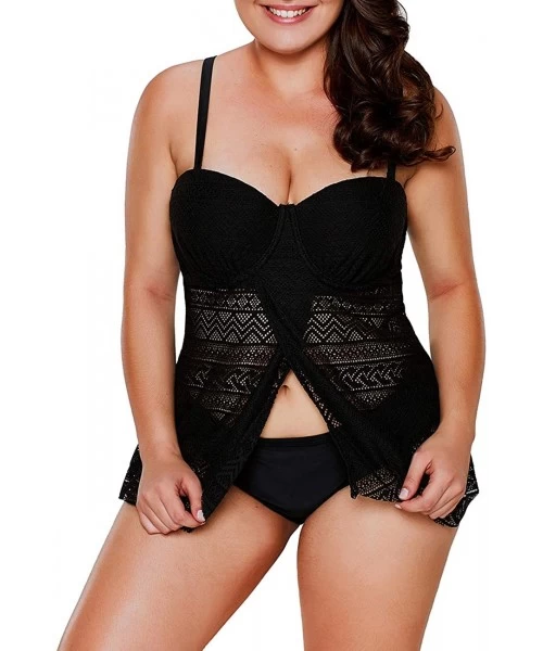 Tankinis Plus Size Straps Underwired Lace Flyaway Two Pieces Tankini Bathing Suit - Black - C118LS26WDR