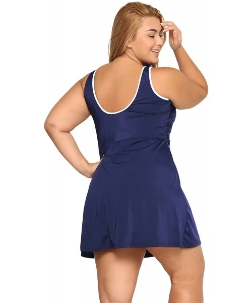 One-Pieces Women's Plus Size One Piece Swimsuit Zip Front Skirted Bathing Suits Swimdress - Navy - CD12L4WBFHB