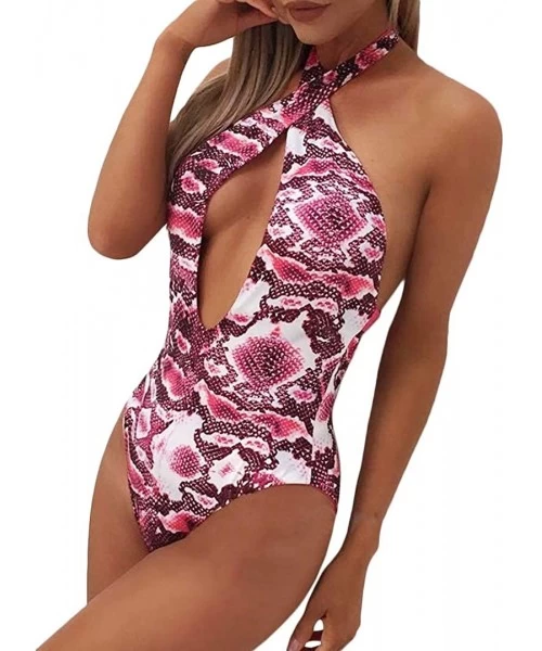 One-Pieces Women Deep V-Neck Snakeskin Print One Piece Swimsuit Bathing Suits Beach Swimwear Bikini - Wine Red - C418QEL5QL9