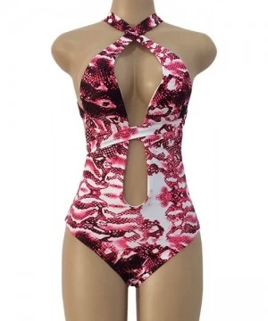 One-Pieces Women Deep V-Neck Snakeskin Print One Piece Swimsuit Bathing Suits Beach Swimwear Bikini - Wine Red - C418QEL5QL9