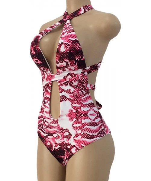 One-Pieces Women Deep V-Neck Snakeskin Print One Piece Swimsuit Bathing Suits Beach Swimwear Bikini - Wine Red - C418QEL5QL9