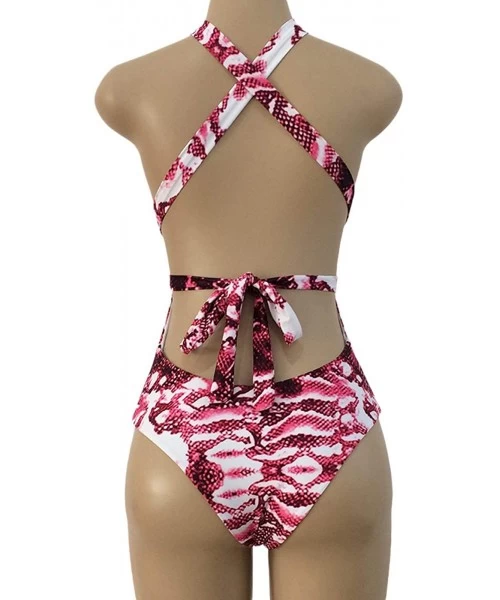 One-Pieces Women Deep V-Neck Snakeskin Print One Piece Swimsuit Bathing Suits Beach Swimwear Bikini - Wine Red - C418QEL5QL9