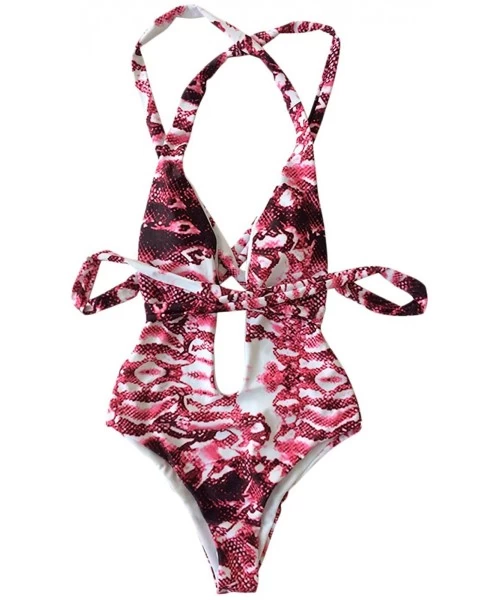 One-Pieces Women Deep V-Neck Snakeskin Print One Piece Swimsuit Bathing Suits Beach Swimwear Bikini - Wine Red - C418QEL5QL9