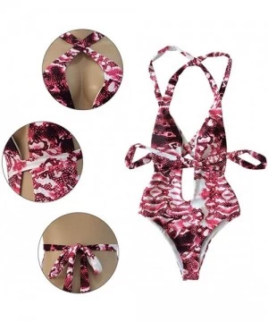 One-Pieces Women Deep V-Neck Snakeskin Print One Piece Swimsuit Bathing Suits Beach Swimwear Bikini - Wine Red - C418QEL5QL9