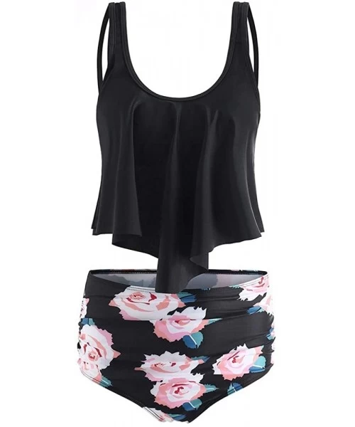 Racing Summer Women's Floral Print U Neck Tankini Set - Black - CV18UZKC0ZH