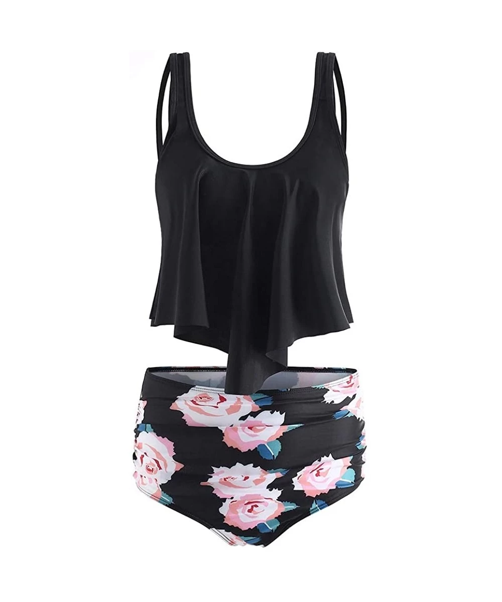 Racing Summer Women's Floral Print U Neck Tankini Set - Black - CV18UZKC0ZH