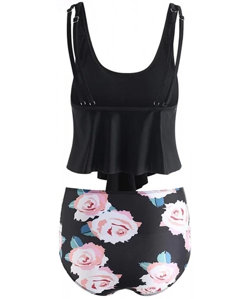 Racing Summer Women's Floral Print U Neck Tankini Set - Black - CV18UZKC0ZH