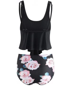 Racing Summer Women's Floral Print U Neck Tankini Set - Black - CV18UZKC0ZH