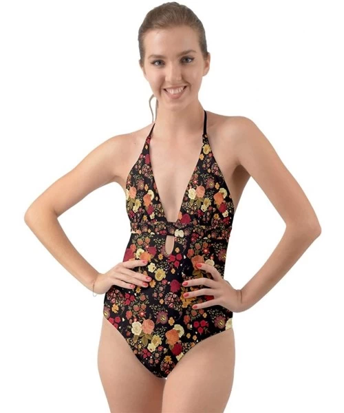 One-Pieces Womens Sexy Bathing Suit Vintage Summer Floral Flowers Print Halter Cut Out One Piece Swimsuit - Black Hawaii - CV...