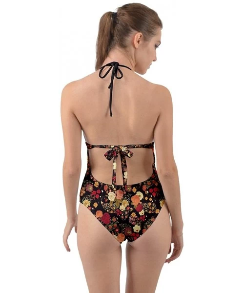 One-Pieces Womens Sexy Bathing Suit Vintage Summer Floral Flowers Print Halter Cut Out One Piece Swimsuit - Black Hawaii - CV...