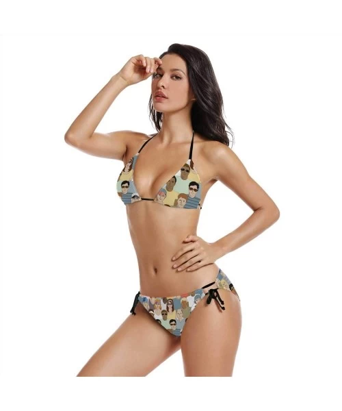 Sets Seamless Beige with Dogs-Women's Halter Triangle Bikini Tie Side Two Piece Swimsuits with Printing Bottom and Accessorie...